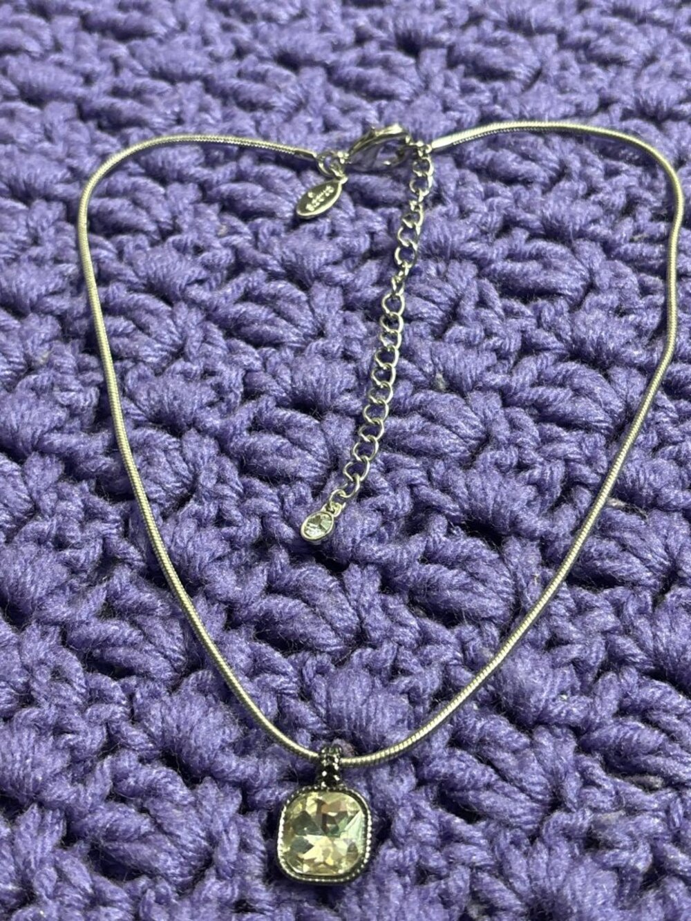 Chico's Silvertone Serpentine Necklace Clear Rhinestone Gunmetal Square Pendant